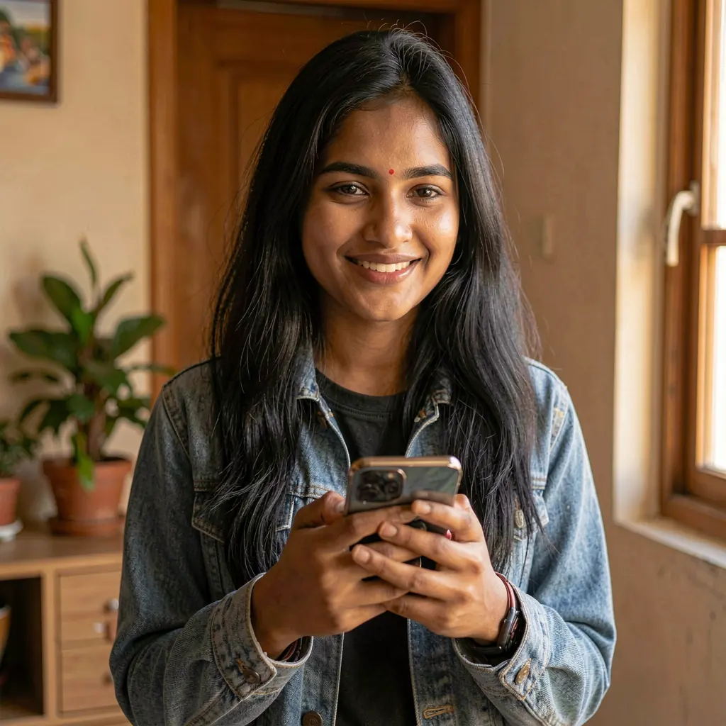 Smiling Bangladeshi woman holding her smartphone and using the BD118 casino app with warm indoor lighting