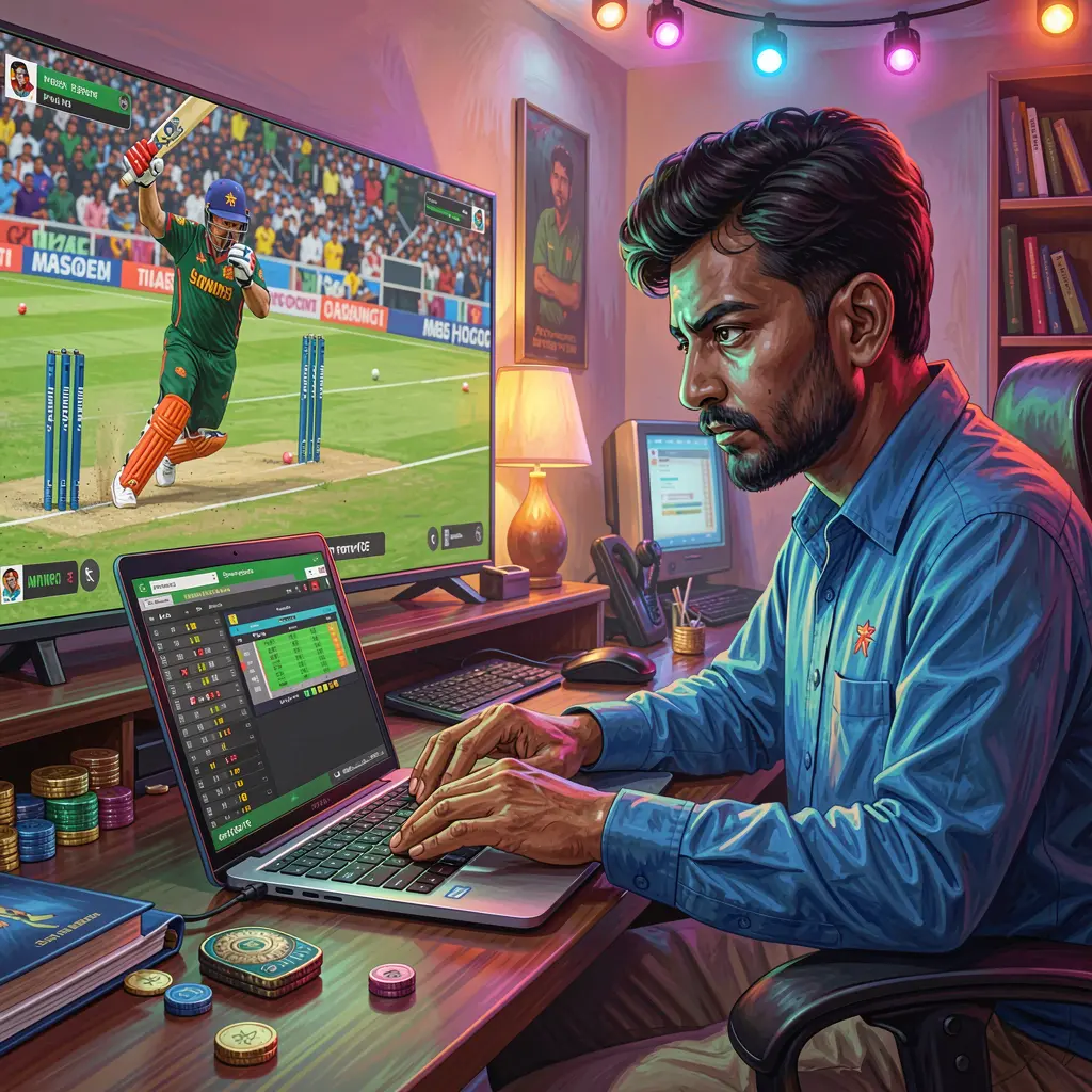 Focused Bangladeshi player placing live cricket bets on a laptop with stadium lights and match action reflected on the screen using BD118