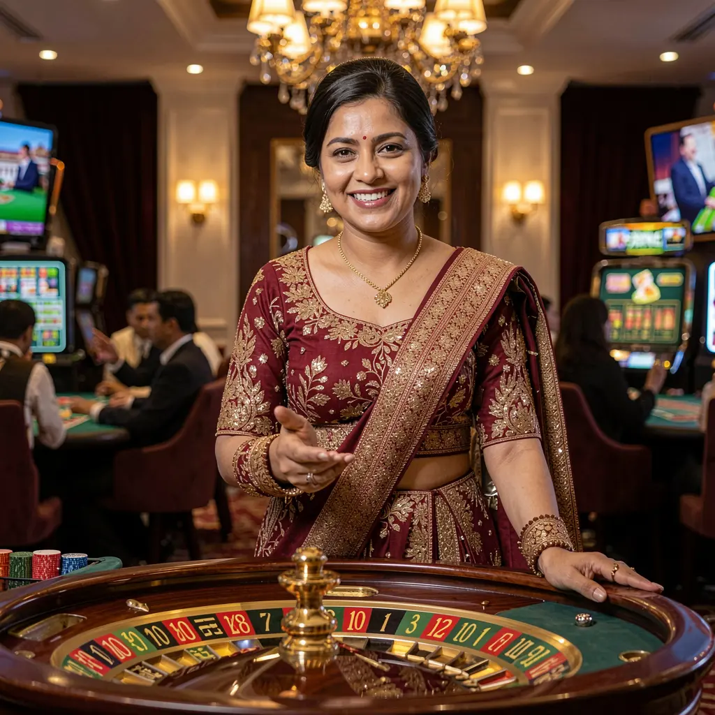 Elegant casino hostess standing at a roulette table in a luxury gaming hall inviting players to log in at BD118 casino for Bangladesh