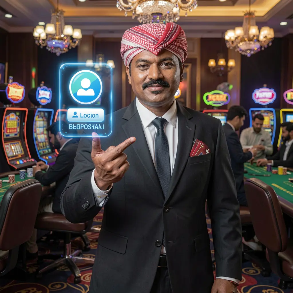 Confident Bangladeshi casino dealer pointing toward a glowing holographic login button inside a vibrant casino atmosphere representing BD118