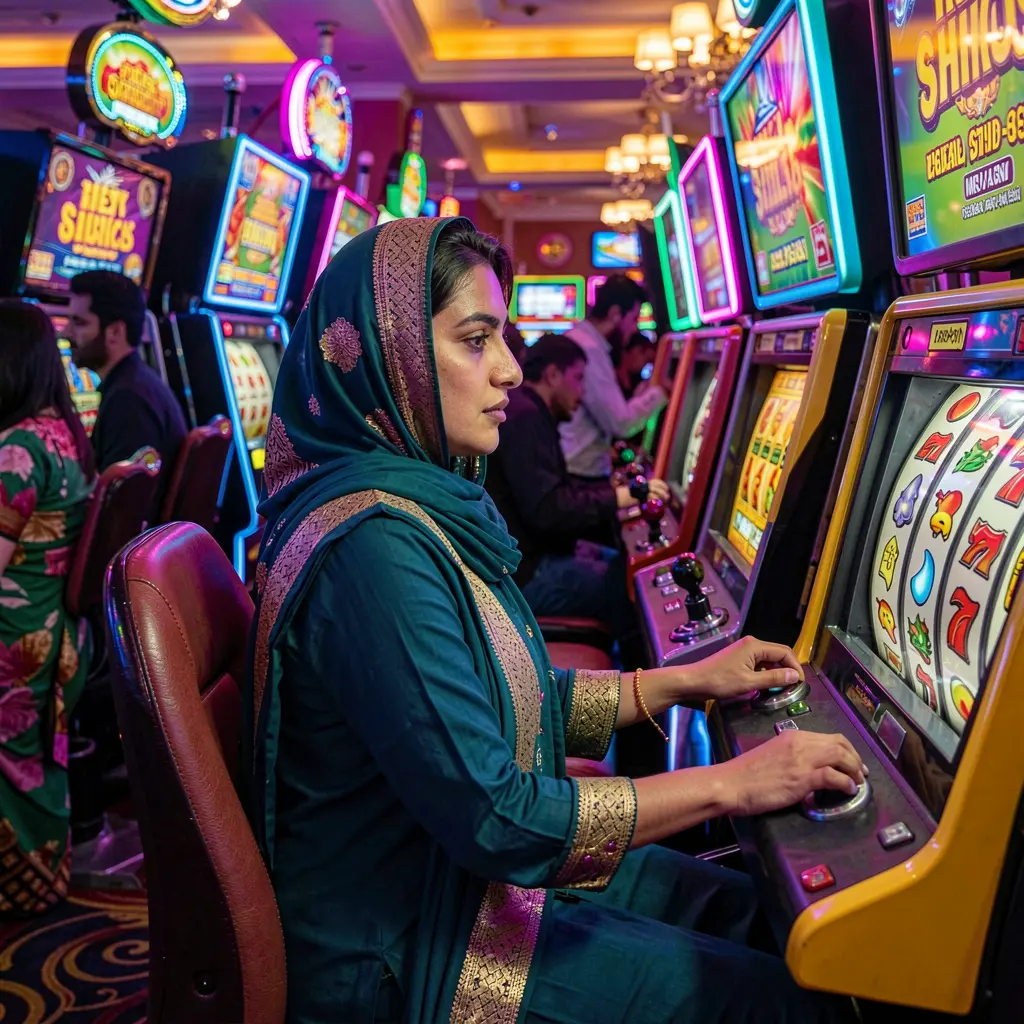 A focused Bangladeshi woman enjoying high quality slot machine gameplay at BD118 casino with colorful lights and an immersive casino atmosphere